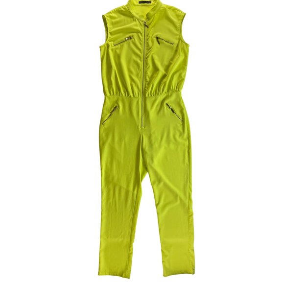 Neon Yellow Sleeveless Jumpsuit Large Sexy Stretch Eighties Sexy Catsuit Bright - Picture 1 of 5